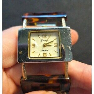Geneva Platinum Goldtone & Tortoise Shell Cuff Bracelet Expandable Wristwatch